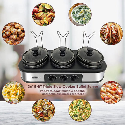 Triple Slow Cooker, 3X1.5 Quart Electric Slow Cooker Buffet Server, Food Warmer Cooking Pot, Adjustable Temp Removable Ceramic Pots Lid Rests