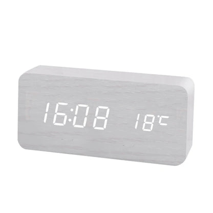 Wooden Digital Alarm Clock with Wireless Charging, LED Clock with Time, Date,Temperature, Desk Clocks for Office,Bedside Clock