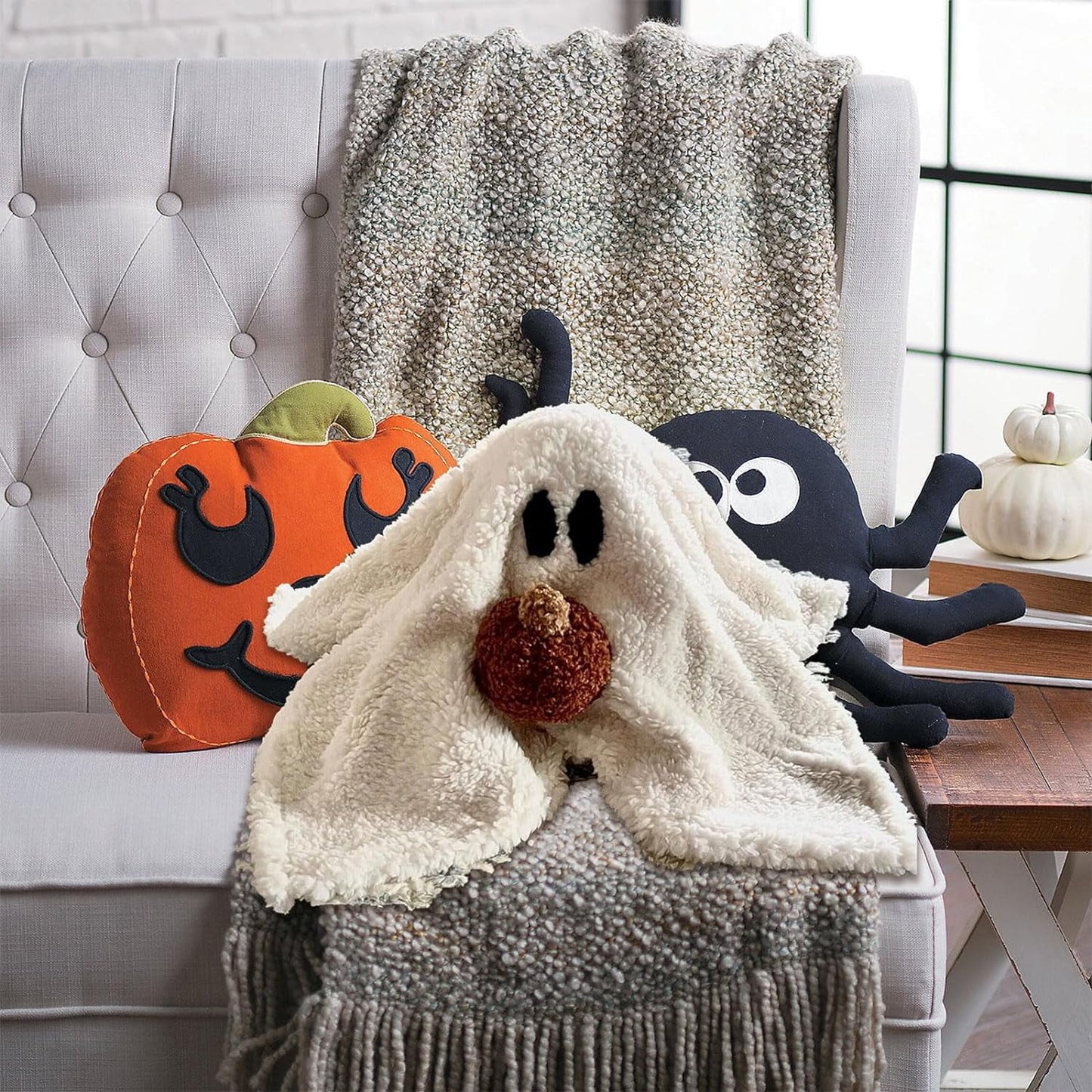 Gus the Ghost with Pumpkin Pillow, 13" Gus the Ghost with Pumpkin Plush, Soft Stuffed Ghost Plush for Kids and Adults