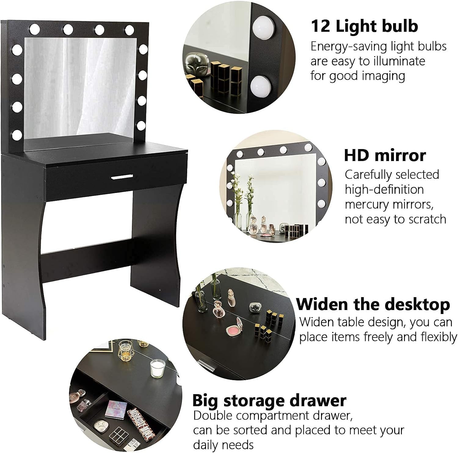 Vanity Desk, Makeup Vanity Desk Storage with Mirror, Lights for Bedroom (Black)