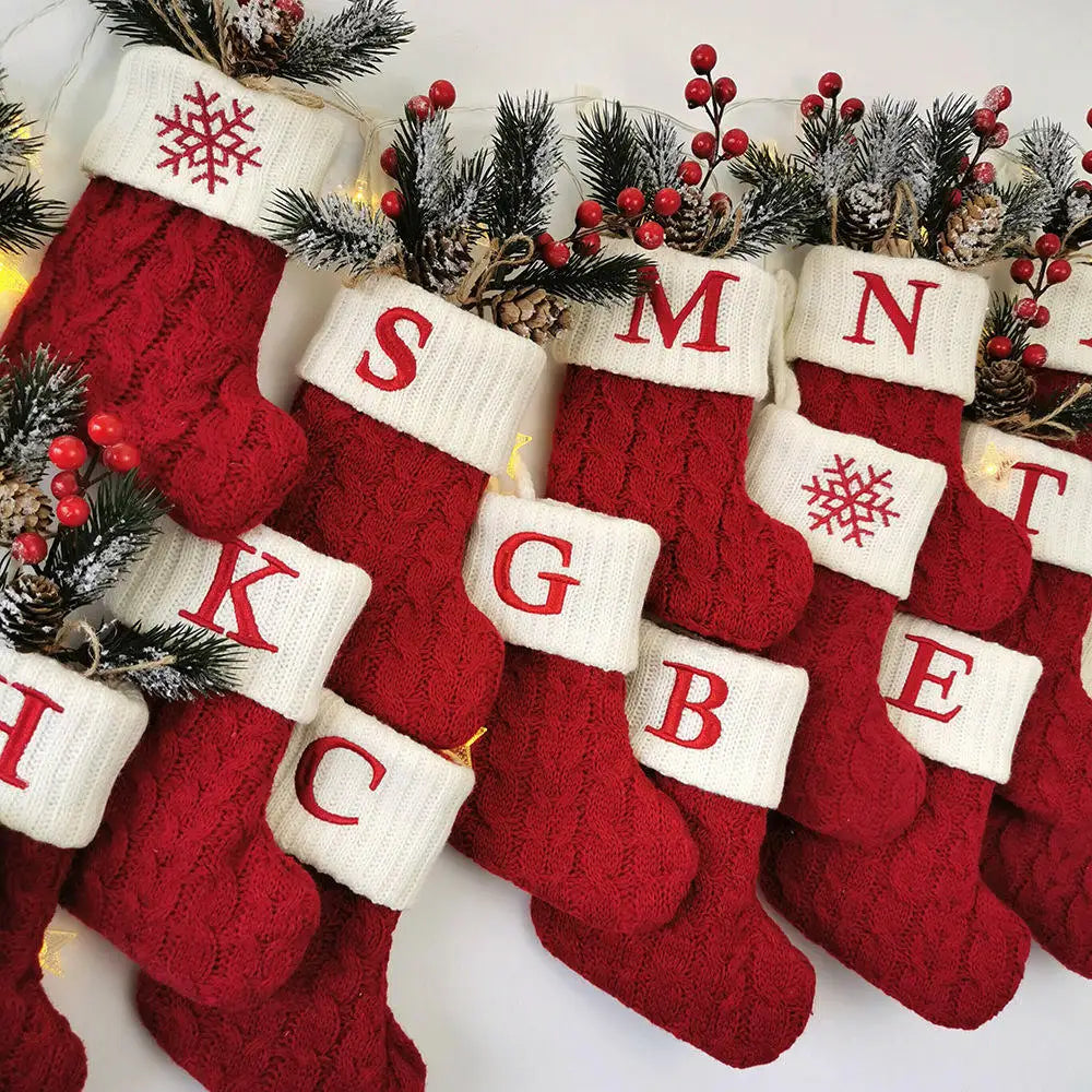 Letters Christmas Stocking New Knitting Christmas Tree Pendant Decorations for Home Xmas Gift Snowflake Alphabet Christmas Socks