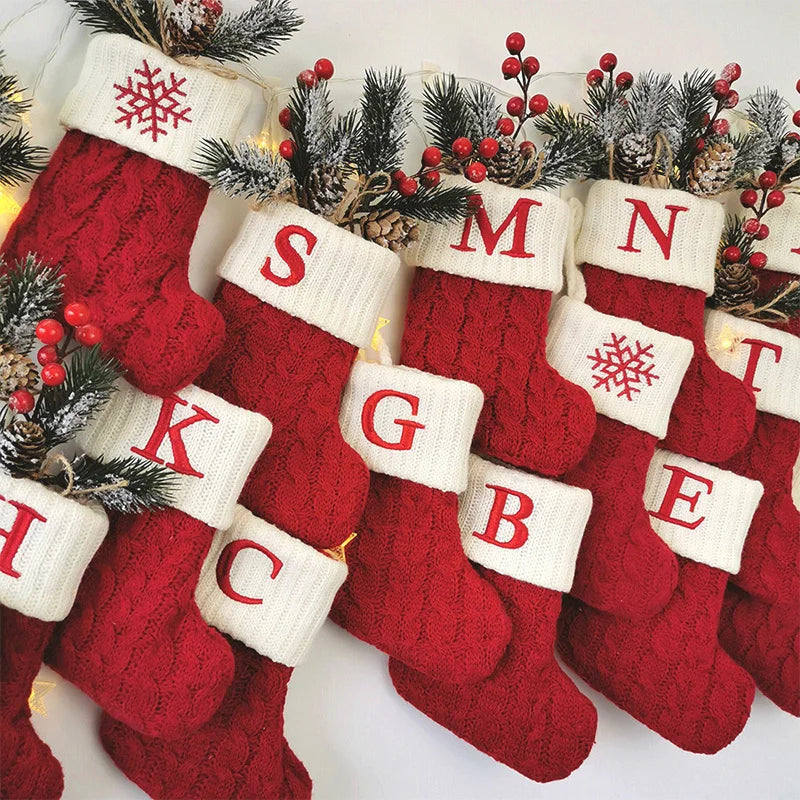 Letters Christmas Stocking New Knitting Christmas Tree Pendant Decorations for Home Xmas Gift Snowflake Alphabet Christmas Socks