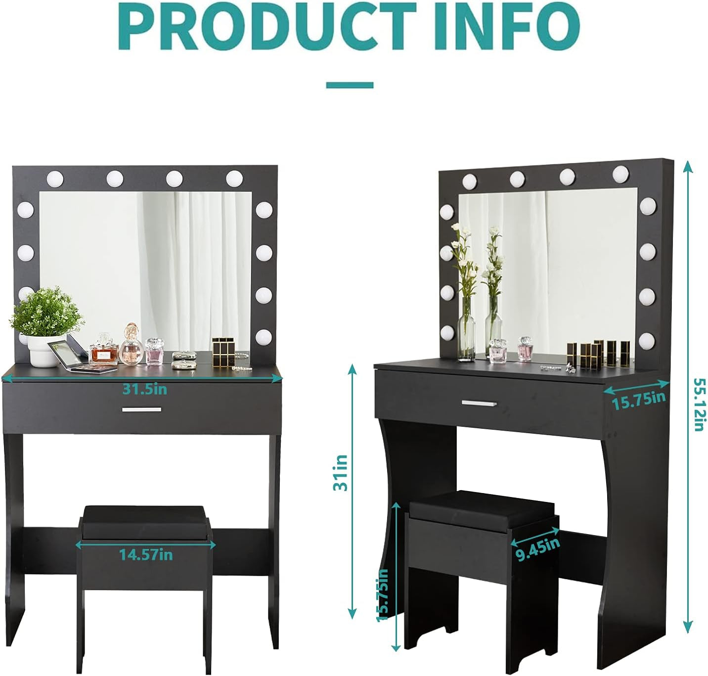 Vanity Desk, Makeup Vanity Desk Storage with Mirror, Lights for Bedroom (Black)