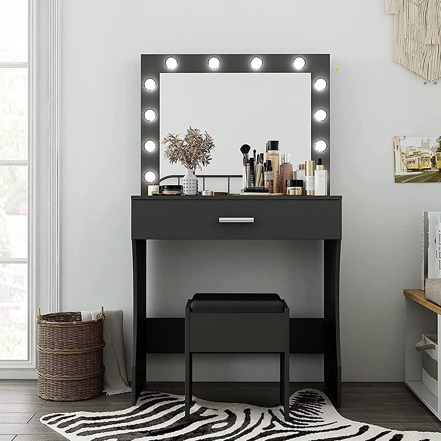 Vanity Desk, Makeup Vanity Desk Storage with Mirror, Lights for Bedroom (Black)