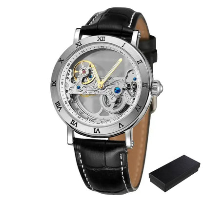 IK Coloring Luxury Design Transparent Case Black Leather Strap Mens Watches Top Brand Luxury Automatic Skeleton Wrist Watches