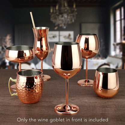 Copper / Rose Gold Stem Stainless Steel Wine Glass Set 4 - 18.5 Oz