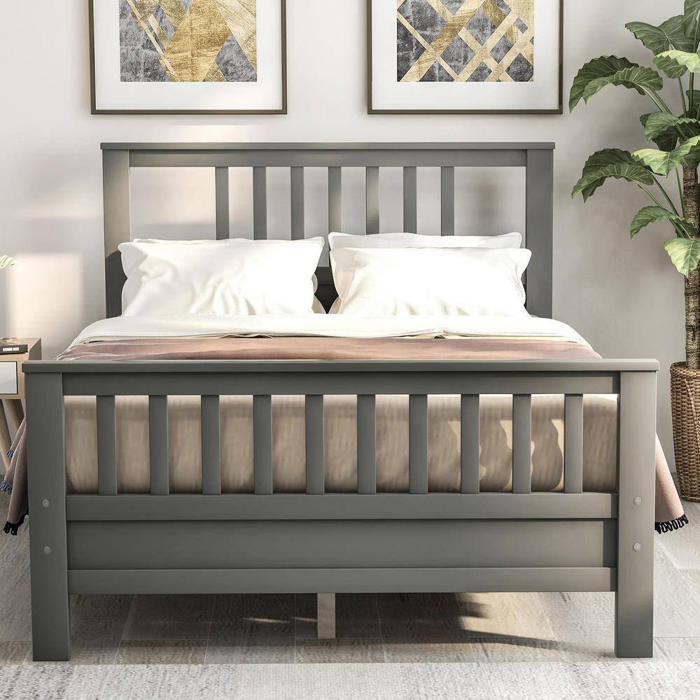 Full Bed Frame, Platform Wood Bed Frame with Headboard, No Box Spring Needed (Grey, Full)