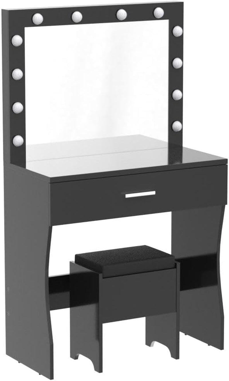 Vanity Desk, Makeup Vanity Desk Storage with Mirror, Lights for Bedroom (Black)