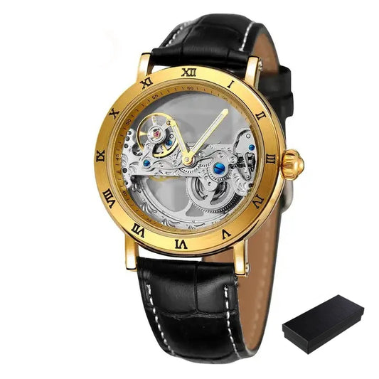 IK Coloring Luxury Design Transparent Case Black Leather Strap Mens Watches Top Brand Luxury Automatic Skeleton Wrist Watches