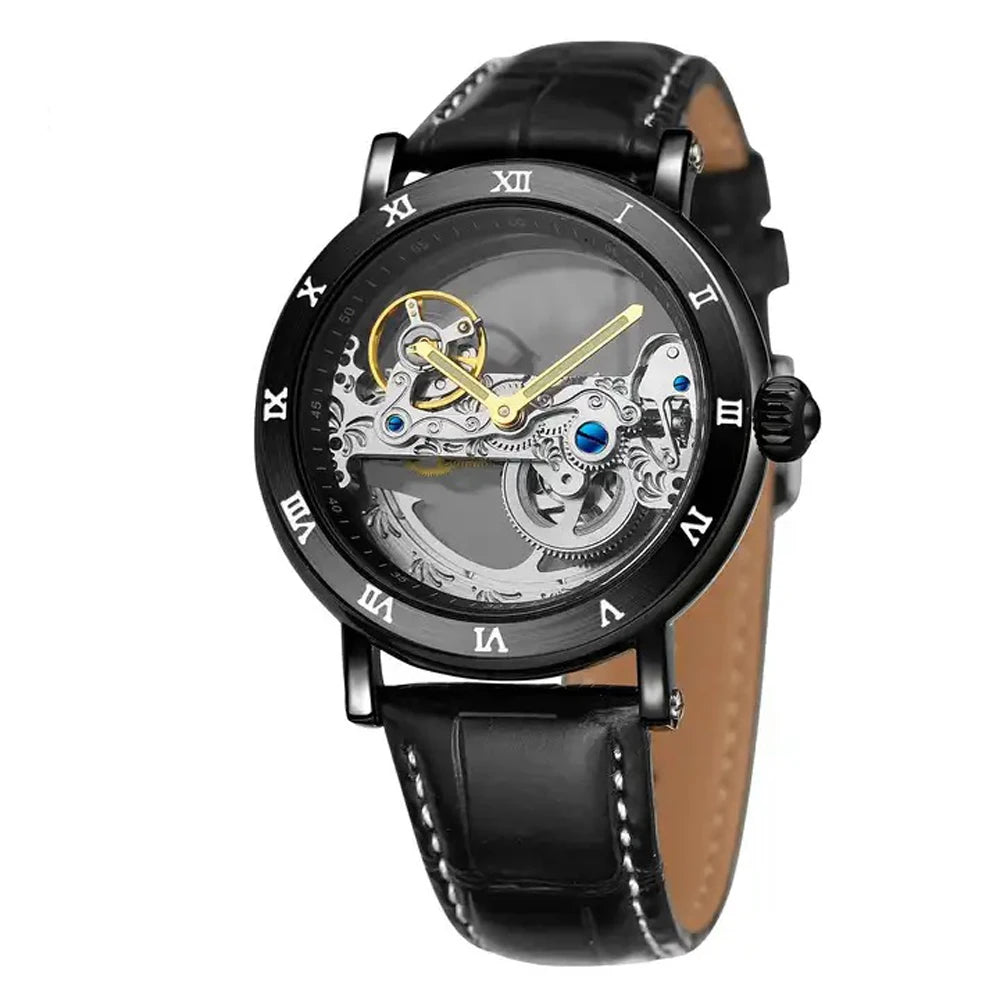 IK Coloring Luxury Design Transparent Case Black Leather Strap Mens Watches Top Brand Luxury Automatic Skeleton Wrist Watches