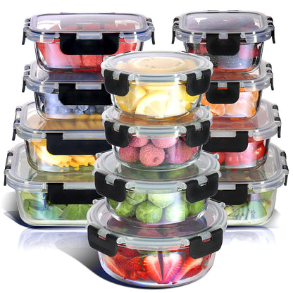 Set of 12-24 Glass Food Storage Containers with Lids, Airtight Glass Containers